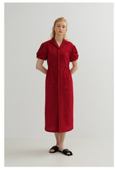 Tailored Button-Down Linen Midi Dress with Puff Sleeves
